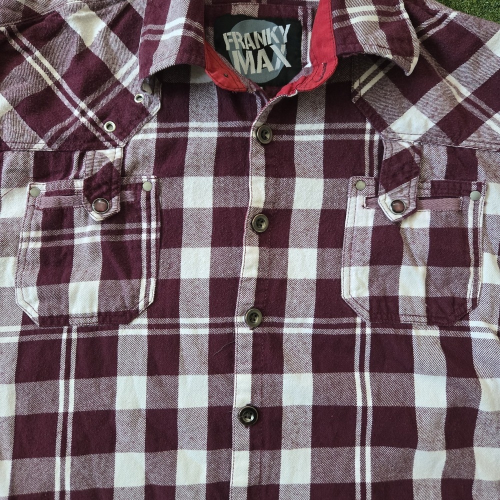 Franky Max Burgundy/white Button Down Flannel Size M - Picture 3 of 9